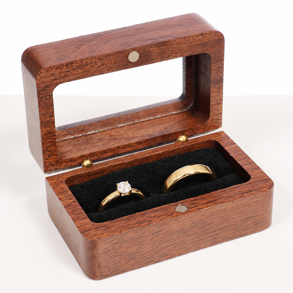 Double Ring Box - Wood / Black Velvet with rings in box