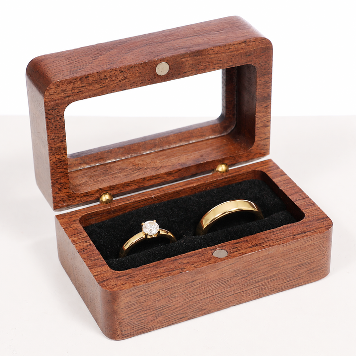 Double Ring Box - Wood / Black Velvet with rings in box