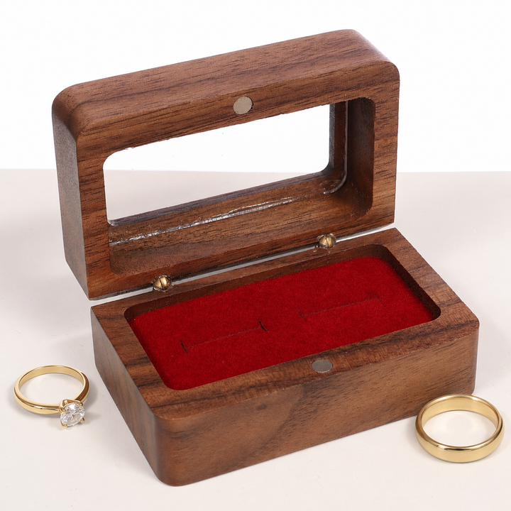 Double Ring Box - Wood / Red Velvet