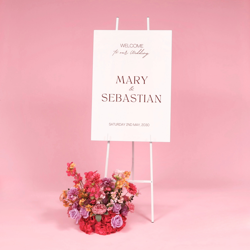 Height Adjustable Metal Wedding Easel - White (155cm) - with sign and flower arrangement