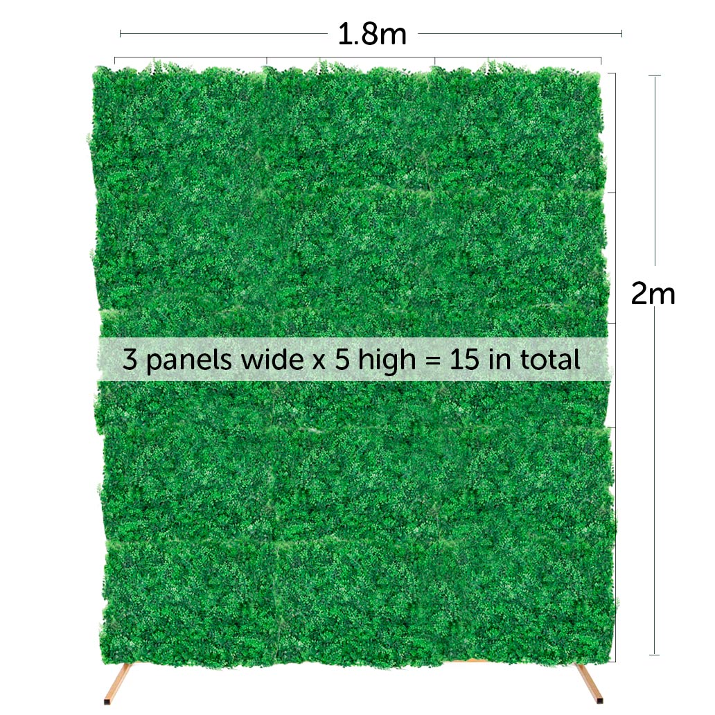 Greenery wall combo measurements 1.8m wide by 2m high uses 15 panels