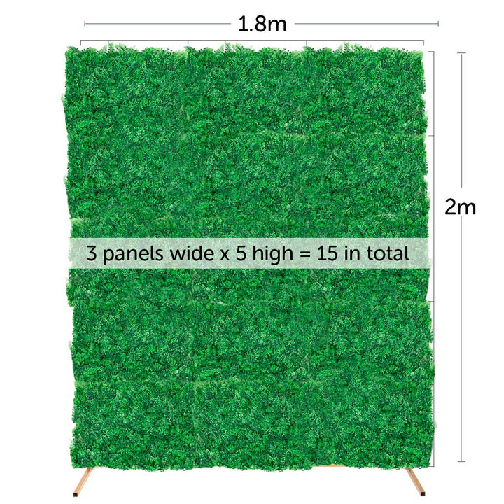 Greenery wall combo measurements 1.8m wide by 2m high uses 15 panels