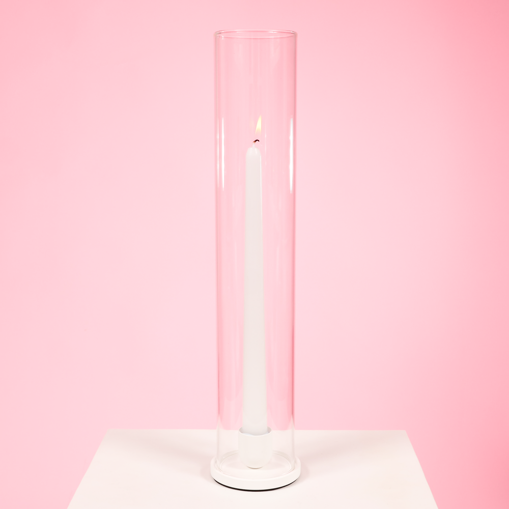 Glass Candle Sleeve (6.5x35cm) with taper candle and metal candle holder