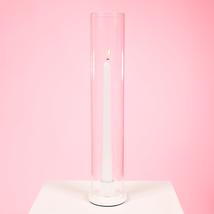Glass Candle Sleeve (6.5x35cm) with taper candle and metal candle holder