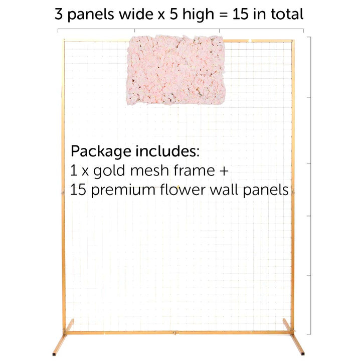 glod mesh frame with 1 flower panel to show for to assemble, 3 panels wide by 5 high