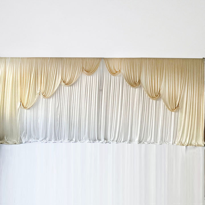 Ice Silk Event Backdrop with Venetian Contour Stage Curtain / Valance Swag (Ivory & White) 6m wide x 3m high