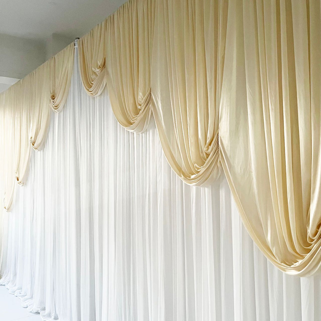 Ice Silk Event Backdrop with Venetian Contour Stage Curtain / Valance Swag (Ivory & White) 6m wide x 3m high side view