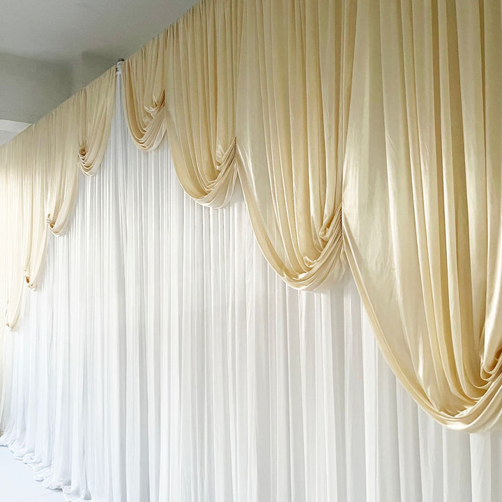 Ice Silk Event Backdrop with Venetian Contour Stage Curtain / Valance Swag (Ivory & White) 6m wide x 3m high side view