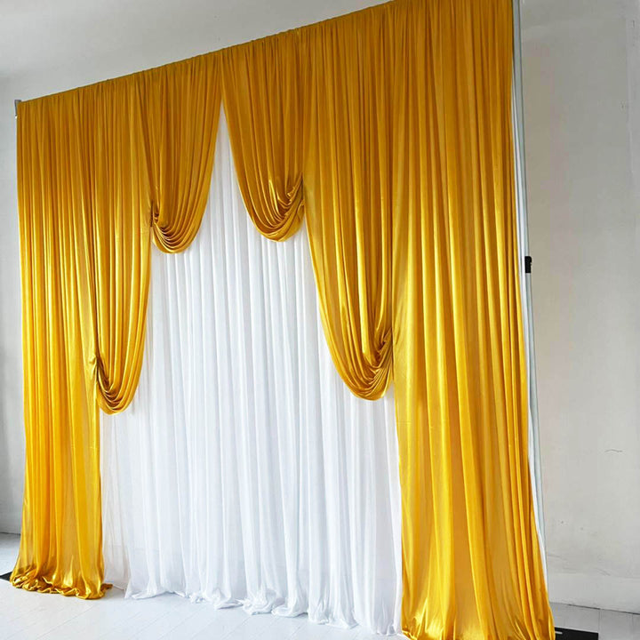 Ice Silk Event Backdrop with Venetian Contour Stage Curtain / Valance Swag (Gold and White) 3m wide x 3m high