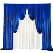 Ice Silk Event Backdrop with Venetian Contour Stage Curtain / Valance Swag (Royal Blue and White) 3m wide x 3m high