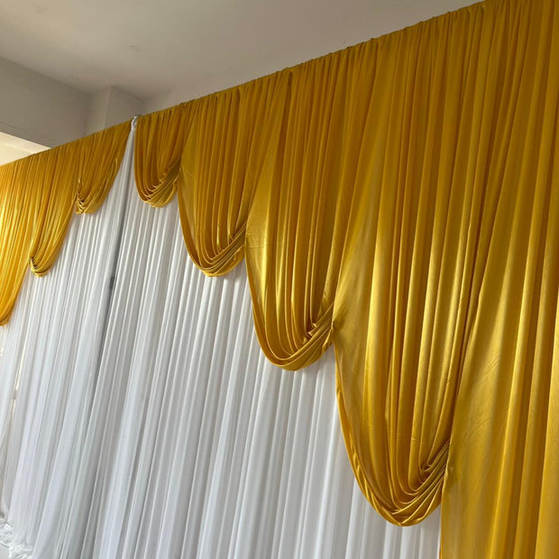 Ice Silk Event Backdrop with Venetian Contour Stage Curtain / Valance Swag (Gold and White) 3m wide x 3m high side close