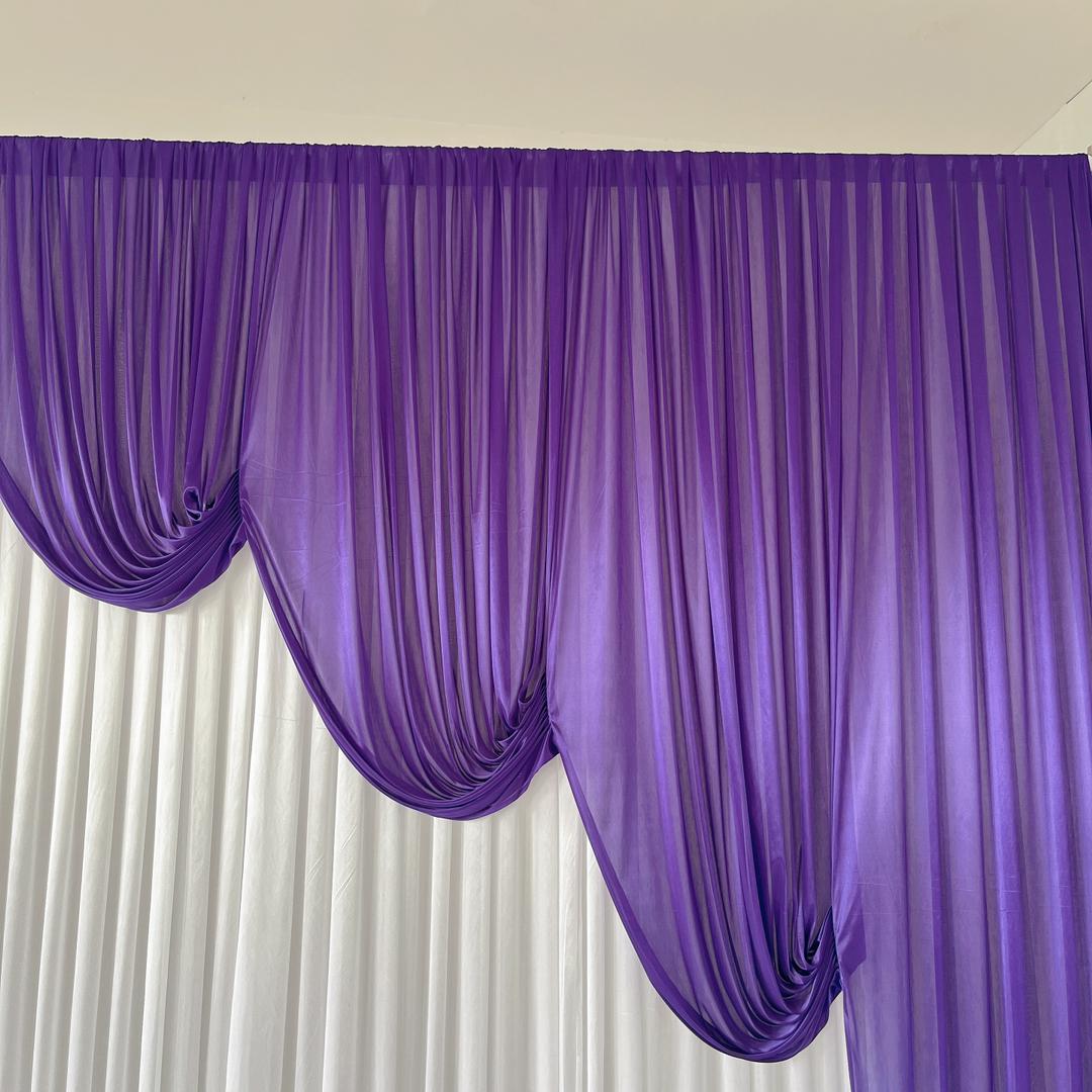 Ice Silk Event Backdrop with Venetian Contour Stage Curtain / Valance Swag (Purple and White) 3m wide x 3m high