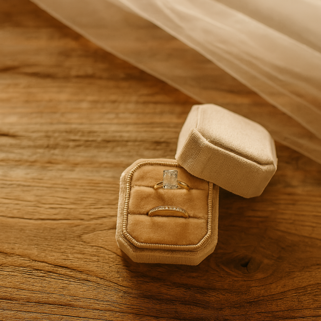 Ivory velvet ring box with two rings inside, sitting on wooden table with tulle veil in background