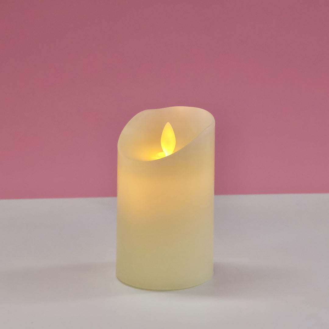 LED Flameless Flickering Wax Pillar Candle - Ivory (7.5x12.5cm), turned on