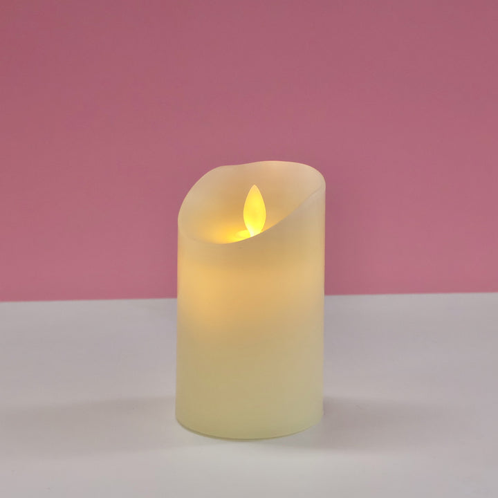 LED Flameless Flickering Wax Pillar Candle - Ivory (7.5x12.5cm), turned on