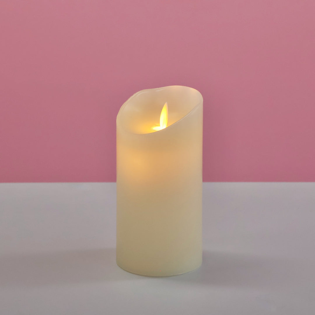 LED Flameless Flickering Wax Pillar Candle - Ivory (7.5x15cm) - turned on