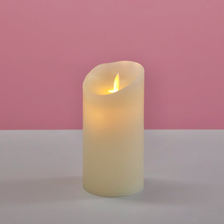 LED Flameless Flickering Wax Pillar Candle - Ivory (7.5x15cm) - turned on