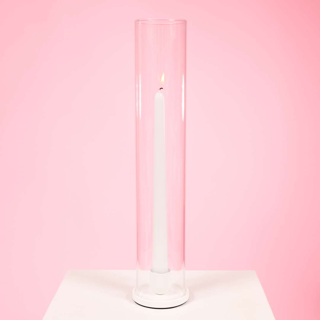 Metal Taper Candle Holder - Large - White with glass sleeve and taper candle