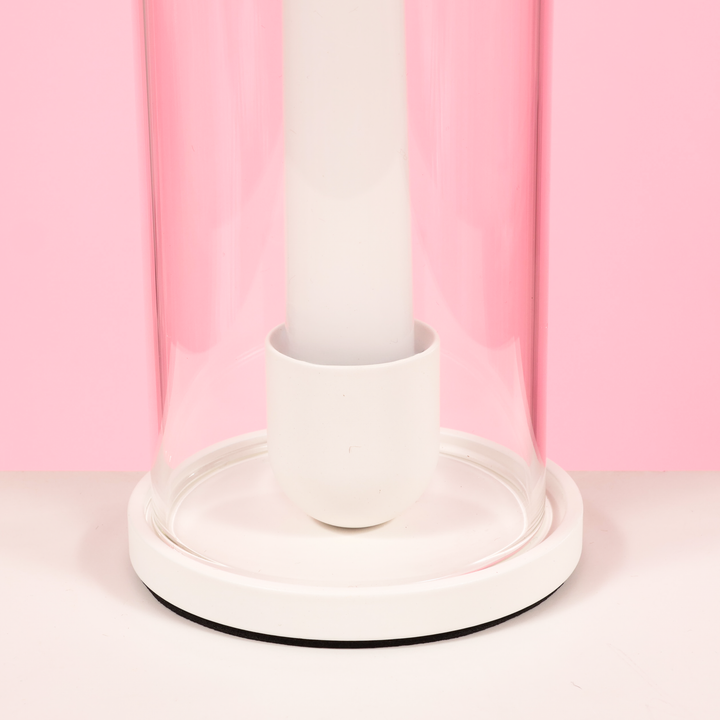 Metal Taper Candle Holder - Large - White close up with taper candle and glass sleeve
