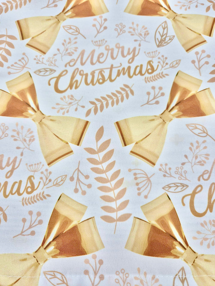 Christmas Cloth Napkins - Merry Christmas Gold Bows on White (50x50cm) close up