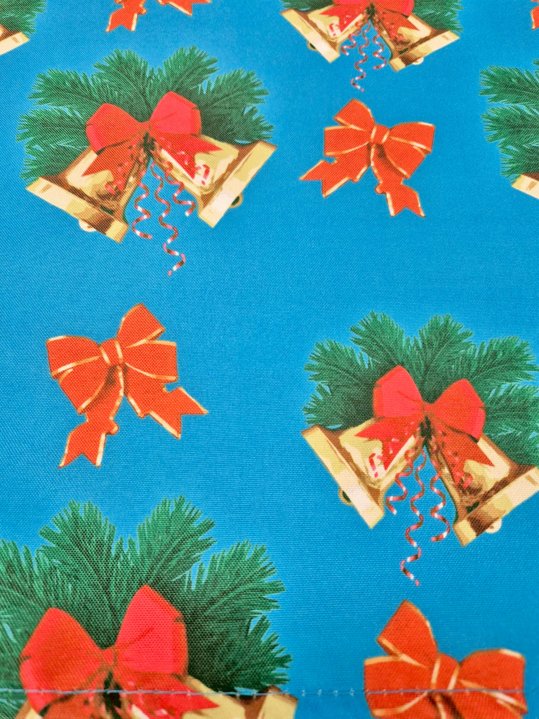 Christmas Cloth Napkins - Christmas Bells on Blue  (50x50cm) close up