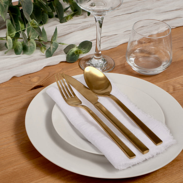 Rustic Cotton Napkins - White (50x50cm) table setting with gold cutlery