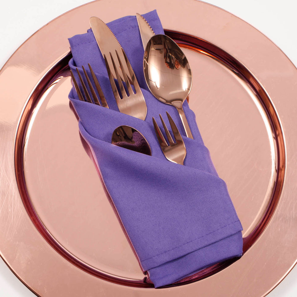 Cloth Napkins - Purple (50x50cm) with rose gold cutlery set on a rose gold charger plate