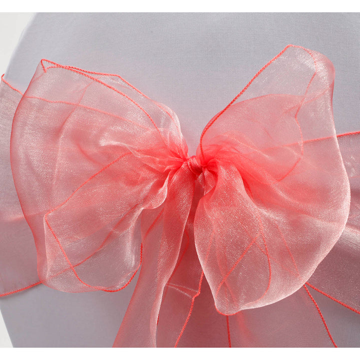 Organza Chair Sash close up view of bow - Coral