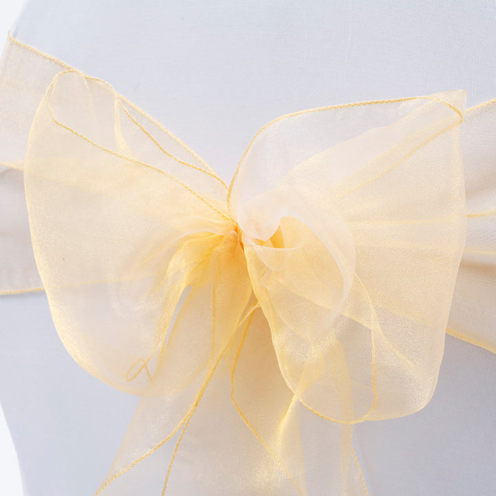 Organza Chair Sash close up view of bow - Gold