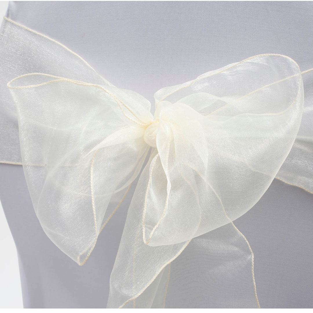 Organza Chair Sash close up view of bow - Ivory