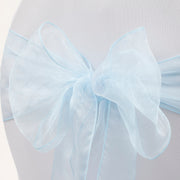 Organza Chair Sash close up view of bow - Light Blue