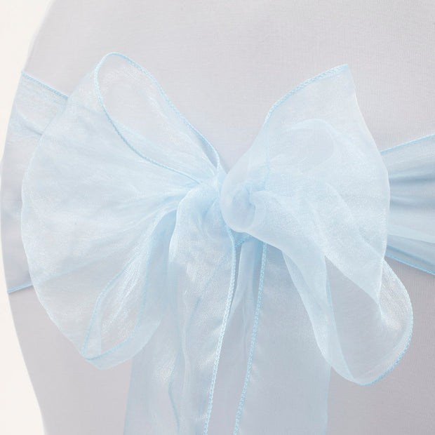 Organza Chair Sash close up view of bow - Light Blue