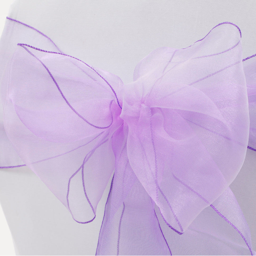 Organza Chair Sash close up view of bow - Purple