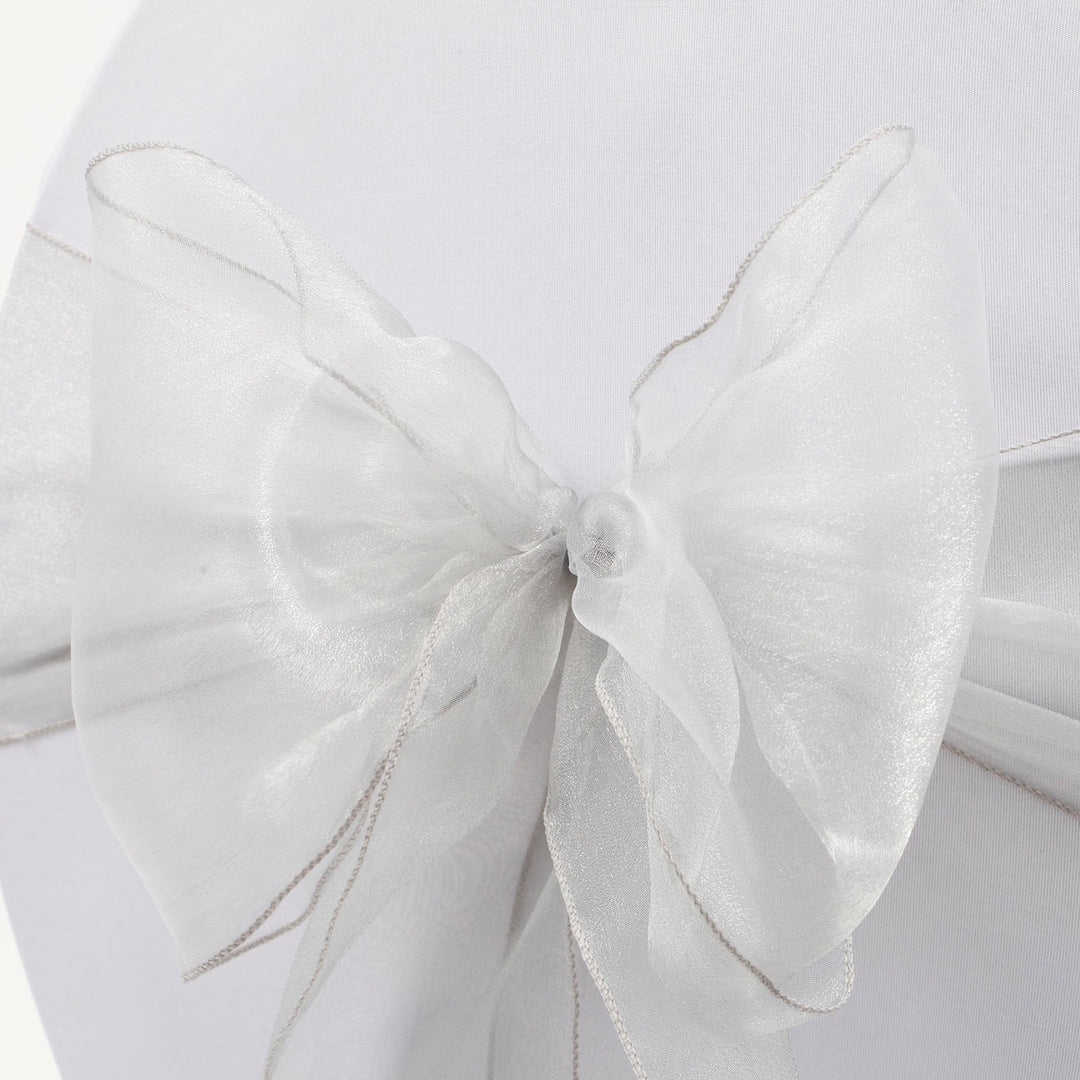 Organza Chair Sash close up view of bow - Silver