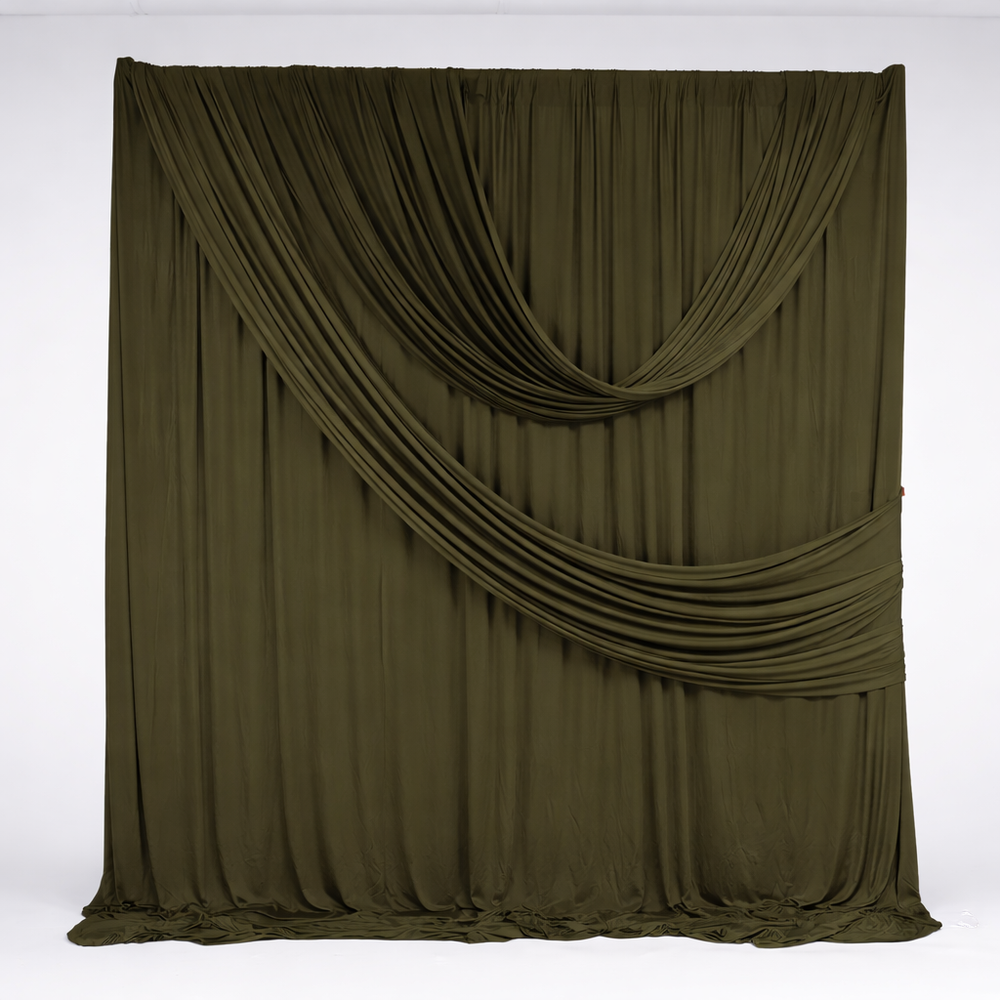 Olive green lycra panels used to create a backdrop with two draped panels attached with backdrop clamps