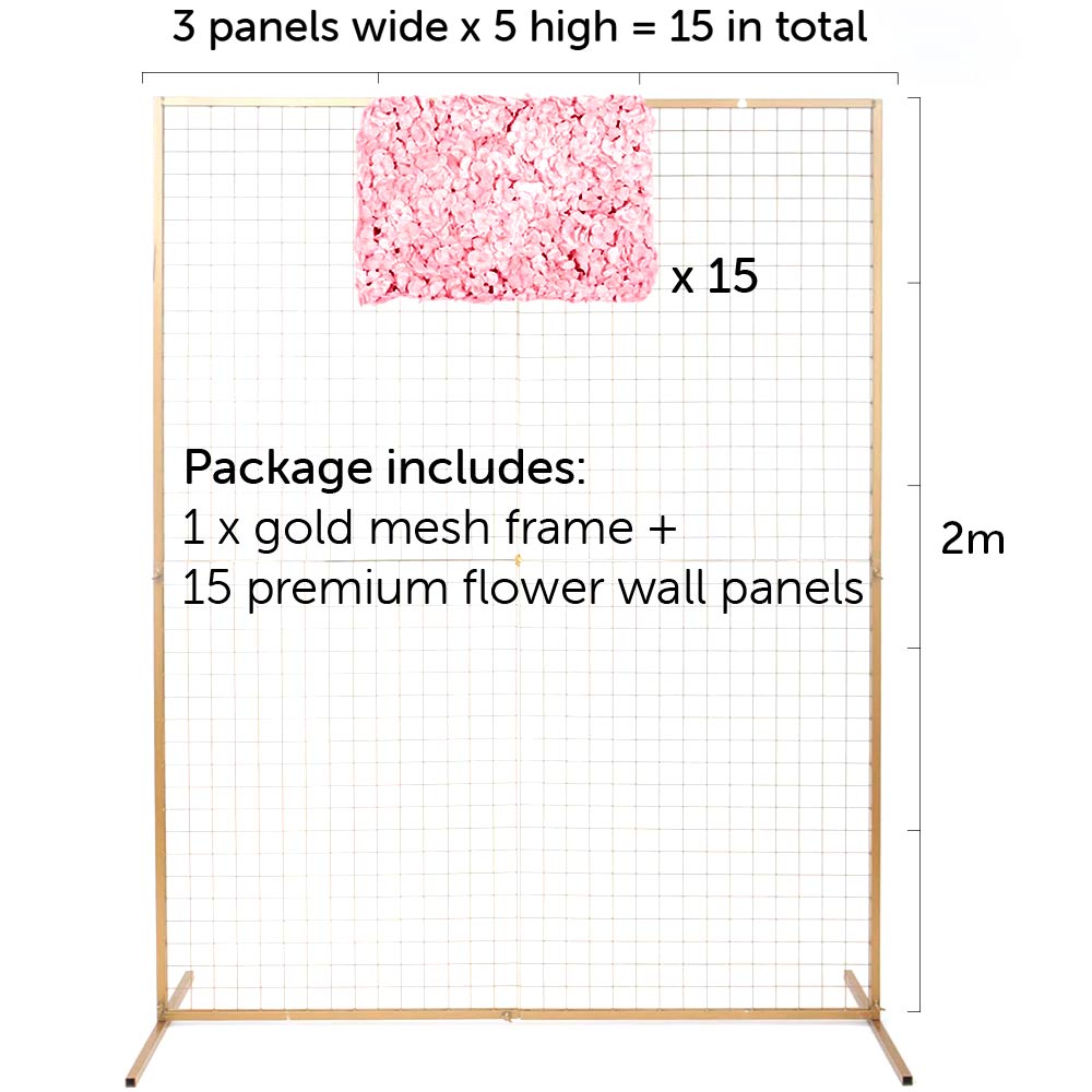 glod mesh frame with 1 flower panel to show for to assemble, 3 panels wide by 5 high