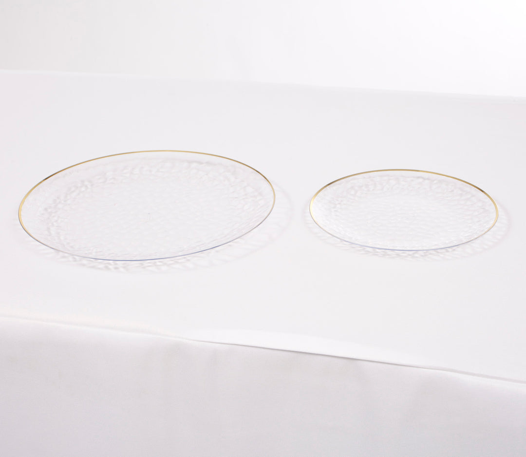 Plastic Dinner Plate - Clear with Gold Trim (19cm) with larger dinner plate