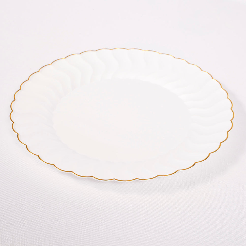 Plastic Dinner Plate - Shell Design White with Gold Trim (26cm) side angle