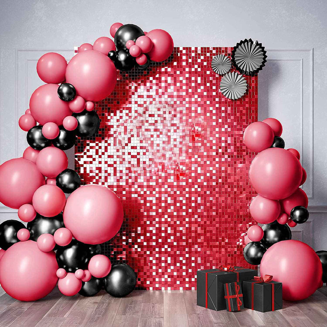 Sequin Shimmer Wall Backdrop & Frame Package - Red - party display with balloon garland