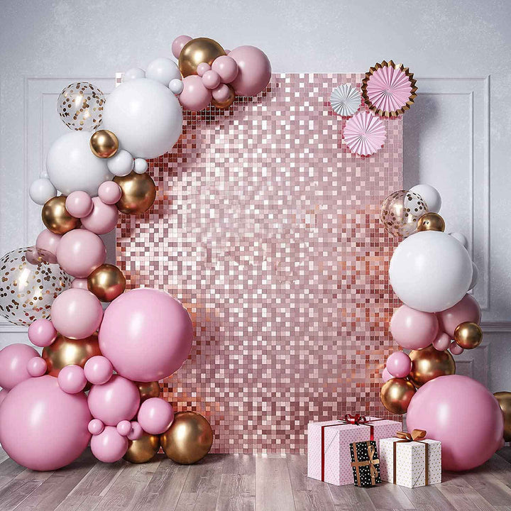 Sequin Shimmer Wall Backdrop & Frame Package - Rose Gold - party display with balloon garland