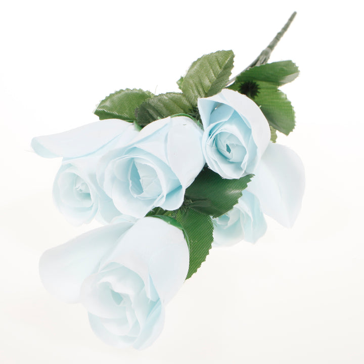 Artificial Silk Premium Rose Bud Bouquet - Light Blue lay flat