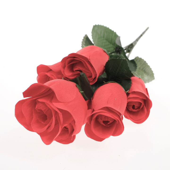 Artificial Silk Premium Rose Bud Bouquet - Red Rose lay flat