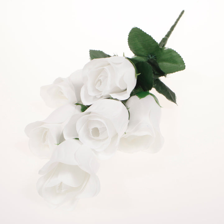 Artificial Silk Premium Rose Bud Bouquet - White lay flat