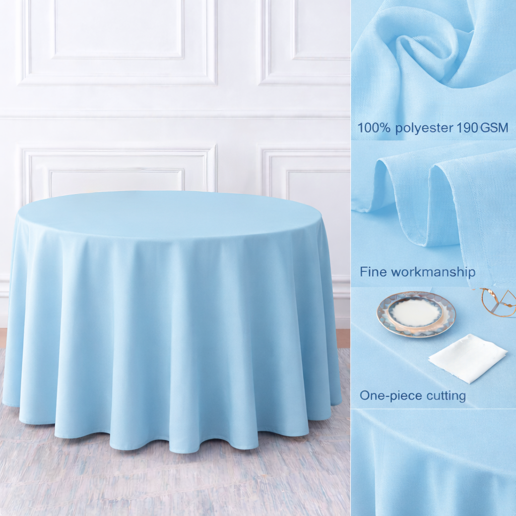 Light Blue Round Polyester Tablecloth Fabric Quality
