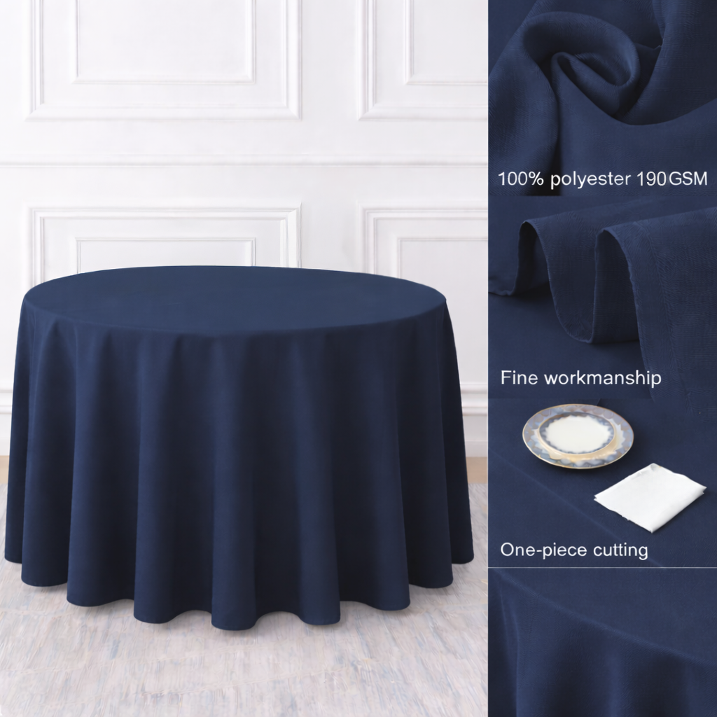 Navy Round Polyester Tablecloth Fabric Quality