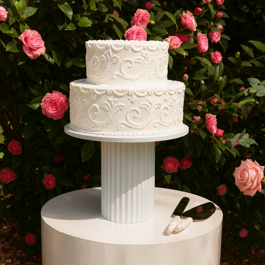 Decorated white cake on ribbed cake stand, on top of round plinth in front of garden with pink flowers.