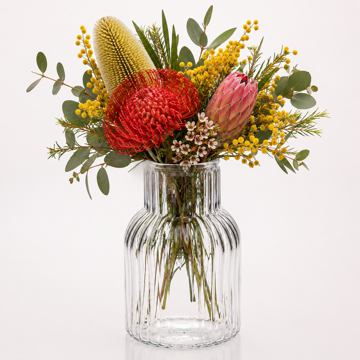 Ribbed Glass Bottle Vase - Clear (13x20cm) with Flowers