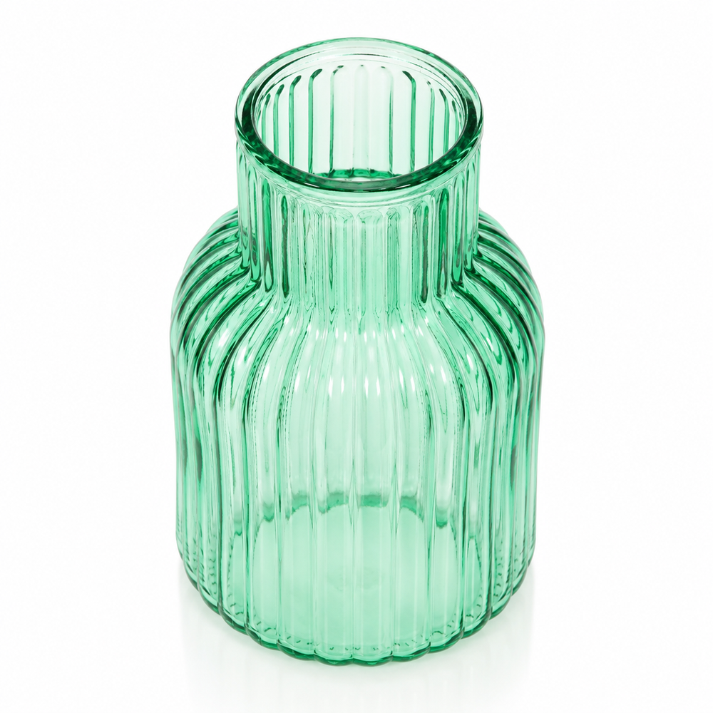 Ribbed Glass Bottle Vase - Turquoise (13x20cm) Top View