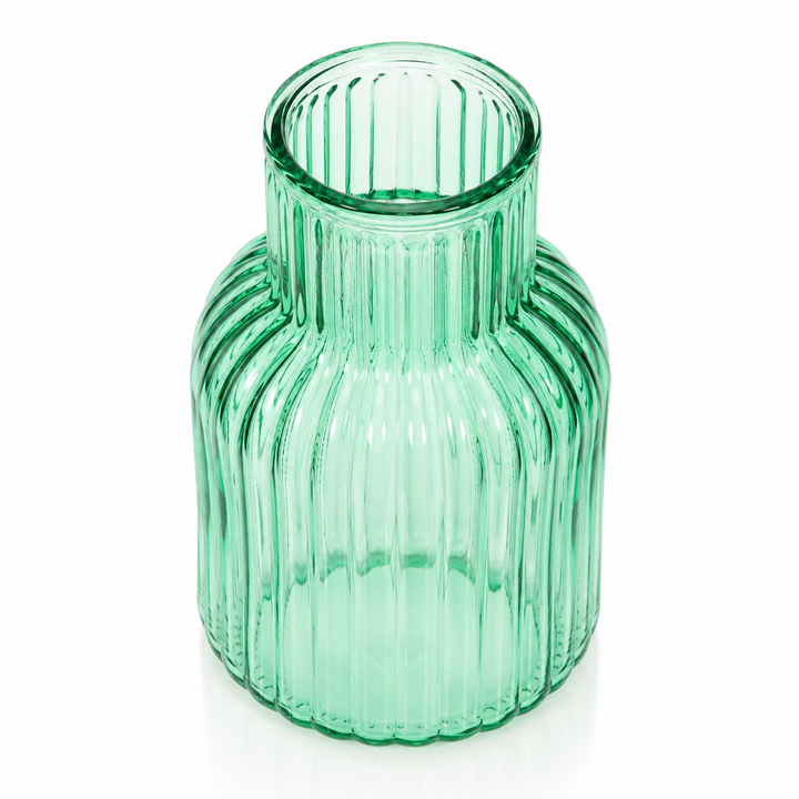 Ribbed Glass Bottle Vase - Turquoise (13x20cm) Top View