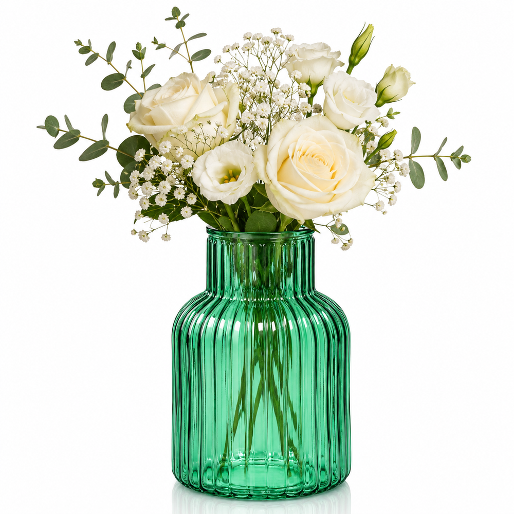 Ribbed Glass Bottle Vase - Turquoise (13x20cm) with Flowers